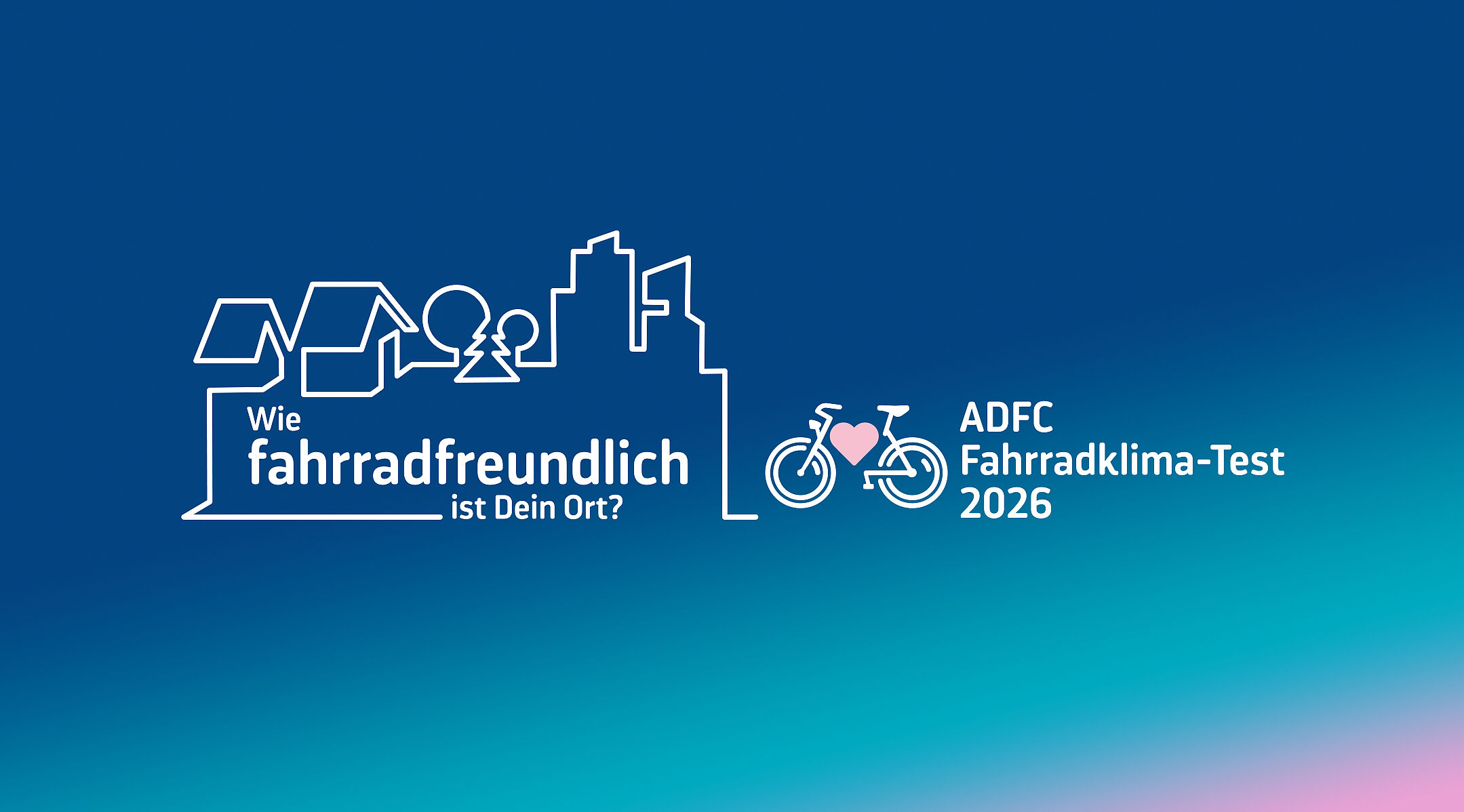 Logo des FKT 2026: Die Skyline einer Stadt mit dem Schriftzug "Wie fahrradfreundlich ist dein Ort? ADFC-Fahrradklima-Test 2026"
